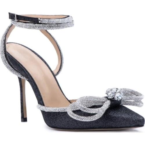 New 2021 Women Sandals Elegant pointed toe High heels Wedding Dress Shoes Woman Satin Crystal Ankle strap Gladiator Sandals 42