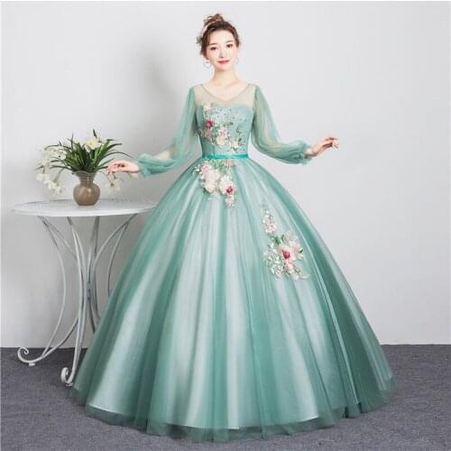 Quinceanera Dresses 2020 New Party Prom Vestidos Full Sleeve V-neck Ball Gown Sweet Floral Print Robe De Bal Plus Size