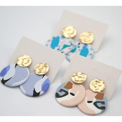 Spring Summer Fashion Modern Polymer Clay Big Size Ethnic Handmade Statement Dangle Pendant Jewelry For Women Metal Stud earring