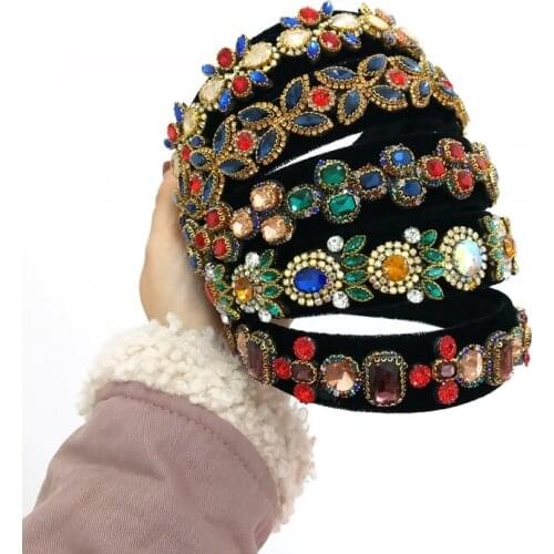 Retro Rhinestone Hairbands Womens Hair Accessories Ethnic Colorful Crystal Bezel Headband Gorgeous Baroque Palace Head Jewelry