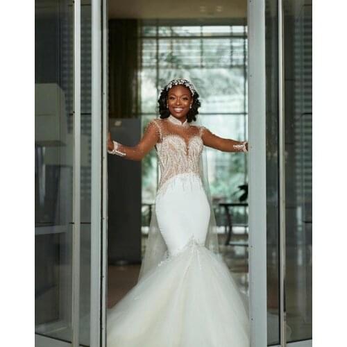 Stuning High Neck Illsion Beads Crystals Mermaid Wedding Dresses Sweep Train Luxury Robe De Mariee Custom made