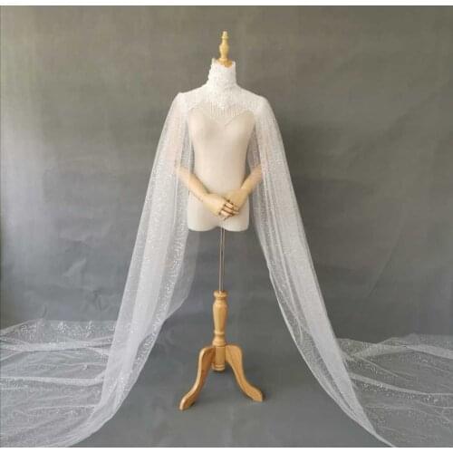 Bridal cape halt neck shoulder cape long train shoulder straps flowing pieces seqinces tulle bridal cape