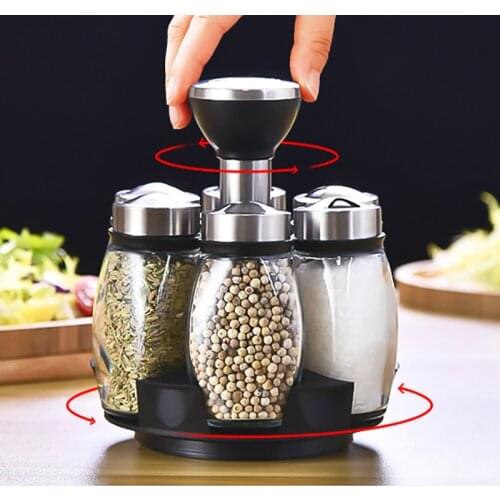Revolving Spice Rack Organizer 6 Bottles Glass Seasoning Jar Box Pepper Salt Spice Seasoning Holder Sugar Seal Jar Container