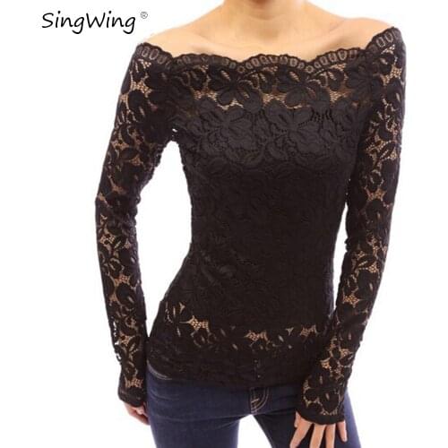 Singwing Autumn Lace Women Blouses Long Sleeve Casual Style Shirts Slash Neck Solid Color Womens Clothing Blouse