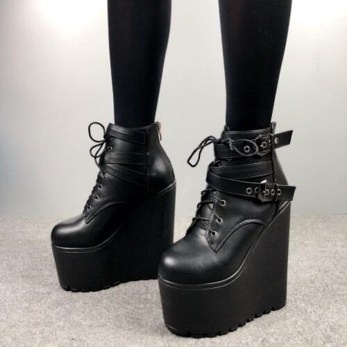 2020 Wedges Ankle Boots White Black Rubber Sole Shoes Platform Boots Women Lacing Autumn Platform Heels Shoes Heel 16 cm