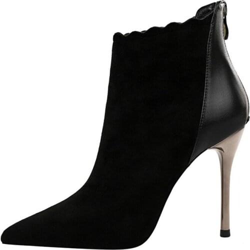 UMMEWALO Ankle Length Flock Boots Women Fashion Pointed Toe Thin Heels High Heel Shoes Winter Ankle Boots Ladies Shoes 8663-7