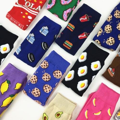 Women Socks Funny Cute Cartoon Fruits Banana Avocado Lemon Egg Cookie Donuts Food Happy colorful novelty skateboard Socks