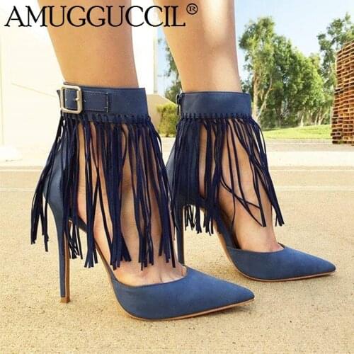 2020 New Plus Big Size 35-47 Blue Tassel Zip Fashion Sexy High Heel Party Spring Summer Lady Shoes Women Pumps D1288