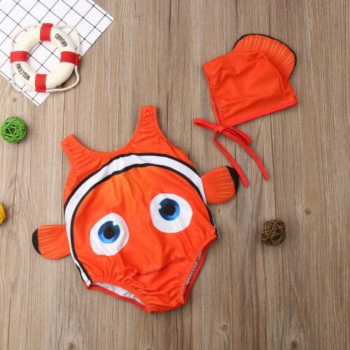 1-6Y Toddler Girls Swimsuit with Swimming Hat Cute Cartoon Bodysuit Bikini Sling Swimwear Summer Bathing Suit Beachwear