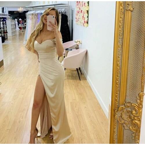 Off Shoulder Long Mermaid Satin Prom Dresses with Slit Lace Up Back Abendkleider Robes de Soirée Formal Evening Gowns for Women