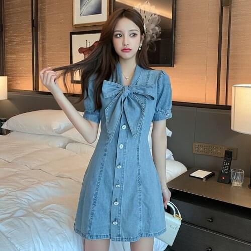 2021 New Summer Bowknot Collar Solid Color Short Lantern Sleeve Single Breasted Clothes Women Elegant Slim Mini Denim Dress