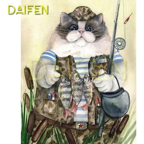 Full Square Diamond embroidery Cartoon cat fish Full Round Diamond mosaic fishing rod DIY Diamond painting Cross stitch fishing