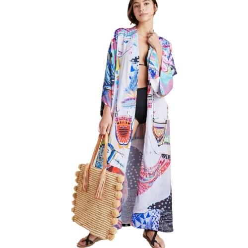 Long Boho Cardigan Floral Print Beach Bikini Cover Up Kaftan Deep V Neck Kimono Robe Summer Loose Cover Up Women Beach Blouses