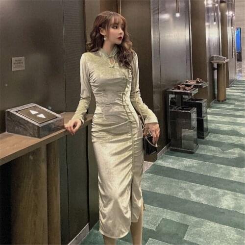 Retro elegant vintage dress ladies cheongsam Chinese style waist slimming long dress velvet fashion split dresses
