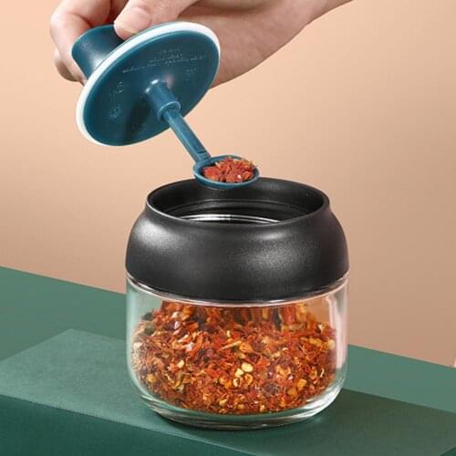 Spice Jar Sealed Spoon Cover Integrated Design 250ml Glass Seasoning Jar Bottle with Spoon for Kitchen