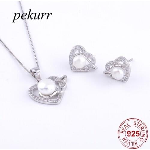 Pekurr 925 Sterling Silver Zircon Heart Wing Cloud Freshwater Natural Pearl Earrings Necklace Sets For Women Pendants Jewelry