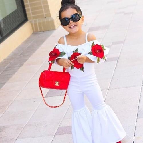 Girls Sets Flower Kids Clothing Summer Sleeveless Embroidery Top + Fashion Flare Pants Children Outfits 2 pcs