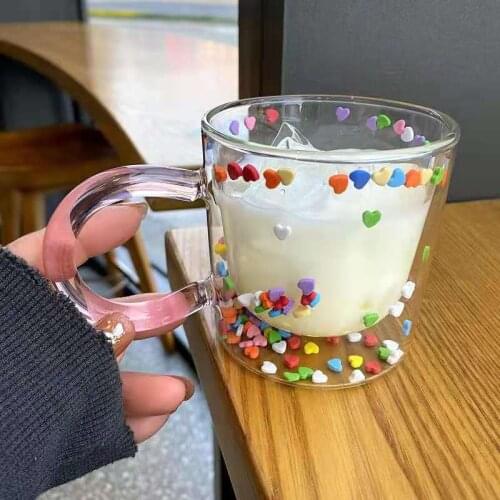 Kawaii Mug Double Glass Transparent and Heat Insulation Milk Cup Students with Wind Belt Handle Water Cup Funny Coffee Cups