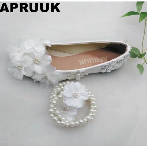 White flowers flats wedding shoes women ankle beading bracelet lady female party brides shoes flower girl bridesmaid shoes