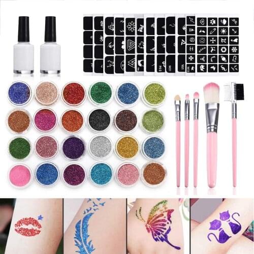 Flash Temporary Tattoo Set 24 Flash Powder 125 Templates 2 Glues 5 Brushes Childrens Tattoo Set for Teens and Adults