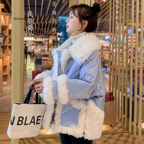 Womens Parka High Quality Thick Warm Down Padded Coat Fashion Glossy Splice Lambswool Winter Jacket Women