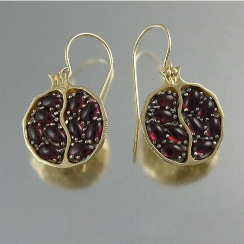 Boho Vintage Gold Color Fruit Pomegranate Drop Earrings For Women Natural Red Garnet Hook Earrings Wedding Band Jewelry Gifts