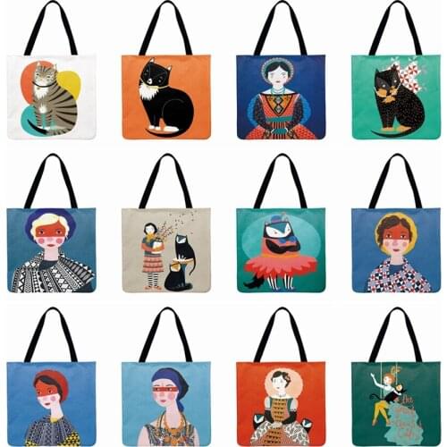 Woman Shoulder Bag Girls And Cat Printed Tote Bag Linen Febric Casual Tote Reusable Beach Bag Foldable Shopping Bag Hand Bag