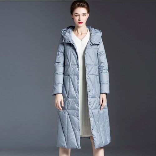 Female winter warm blue Over the knee hooded white duck down jacket Female winter long thick v-neck coat clothes belt Jackets