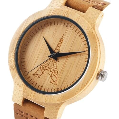 Round Womens Wooden Quartz Watch Beautiful Eiffel Tower Dial Modern Simple Wristwatches Nature Wood Handmade Ladies Montre Femme