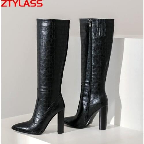 2021 Fashion Knee High Boots Women Shoes Stone Pattern Pointed Toe High Heel Long Boots Autumn Winter Ladies Shoes Black White