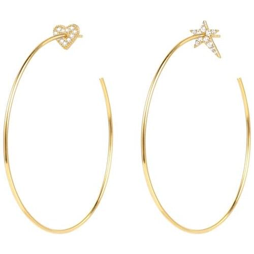 2pairs Womens Sweetheart asymmetric star 18k Gold plated tide CZ Micro Paved Circle Stud Earrings