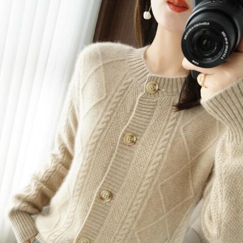 Womens sweater winter 100% wool cardigan round neck cashmere sweater casual solid color plus size ladies knitted top