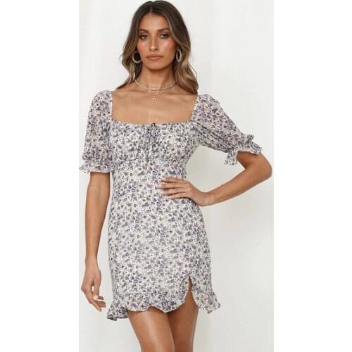 Womens Dress Summer 2021 Sexy Square Neck Floral Print Boho Beach Dress Ruffle Short Sleeve Slim A-Line Mini Dress Wrap Skirt