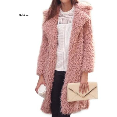 Women Faux Fur Coat Lapel Plush Warm Solid Color Overcoat Soft Long Women Jacket Big Size Autumn Winter New