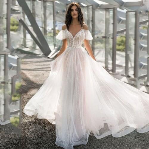 Vestido de Noiva Fashion Vintage Boho Wedding Dresses 2021 Lace Glitter Bohemian Wedding Gowns Beach Bride Dress trouwjurk