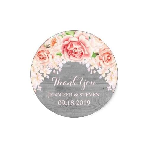3.8m Grey Wood Pink Watercolor Flowers Wedding Label