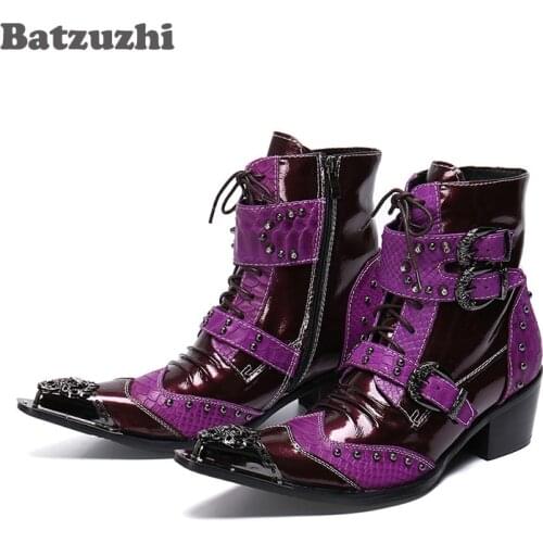 Batzuzhi 6.5cm Heels Punk Botas Hombre Ankle Genuine Leather Boots Men Pointed Metal Toe Motorcycle Men Boots Bota Masculina