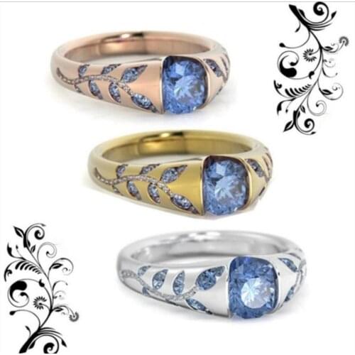 Big Blue Crystal Stone Ring Rose gold Color Butterfly Pattern Ring For Woman Engagement Wedding Party Jewelry Fashion Bauble