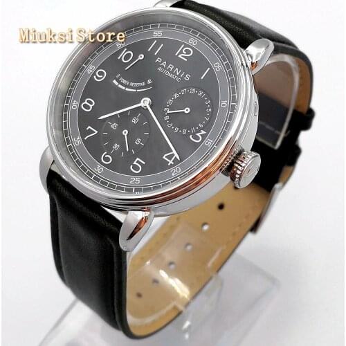 New Parnis 42mm silver watch case date leather automatic movement mens luxury mechanical watch fashion gift
