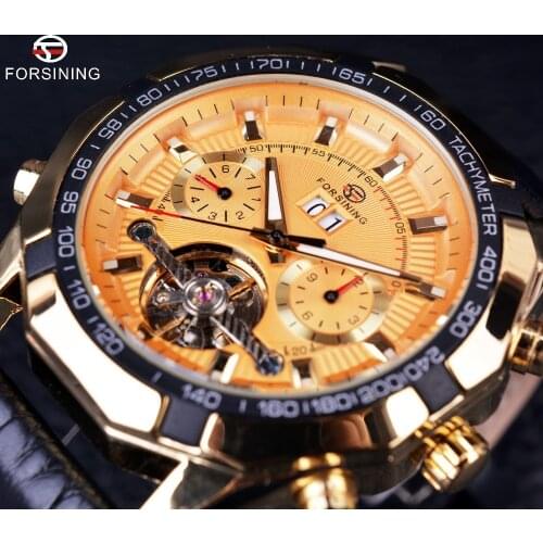 Forsining Full Golden Dial Tourbillon Design Genuine Leather Strap Mens Watches Top Brand Luxury Mens Automatic Sport Watches