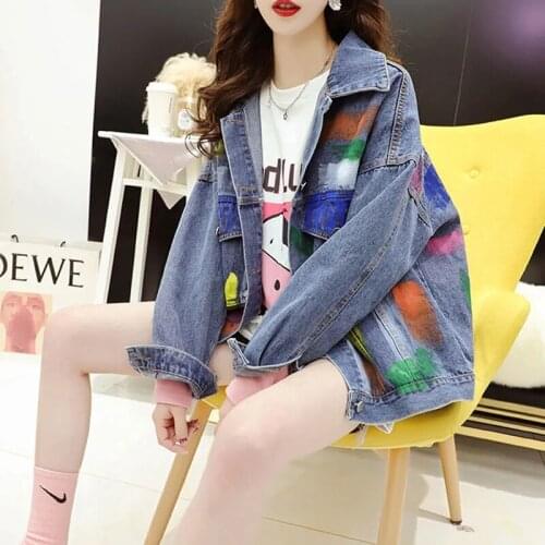 Denim Jackets 2021 Autumn New Loose Button Printing Womens Jean Coats Streetwear Fashion Harajuku Causal Woman Cowboy Outwear