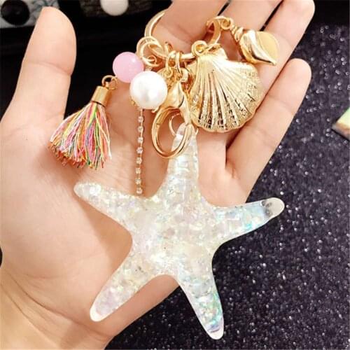 Elegant Starfish Pearl Shell Keychain For Women Girls Cartoon Sea World Color Tassel Car Key Chain Bag Pendant Keyrings Q-022