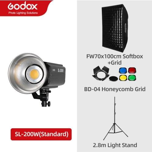 Godox SL-200W SL200W 5600K White Version LCD Panel Continuous LED Video Light + 70x100cm softbox + 2.8m Light Stand + Barn Door