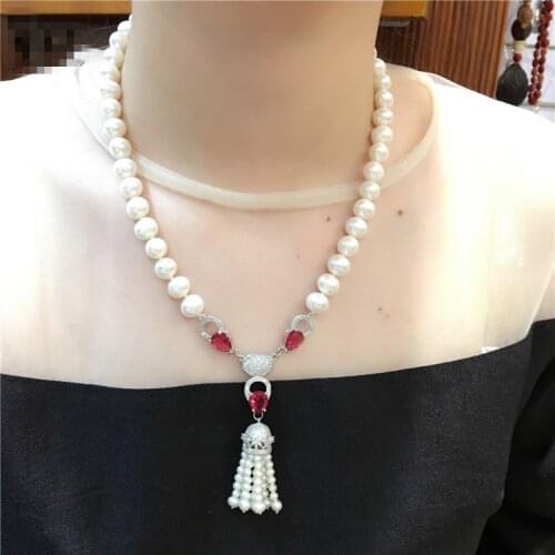 Hot sell new 8=9mm natural white freshwater pearl zircon accessories tassel necklace fashion jewelry