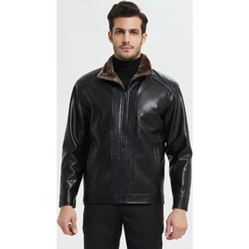 Leather Jacket Mens Winter Warm Solid Woolen Turn-down Collar Zipper Windbreaker Male European Size Jacket Drop Shipping