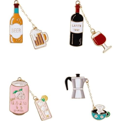 High quality fashion jewelry accessories metal enamel Fun coffee beer juice red wine metal brooch decorative pin badge