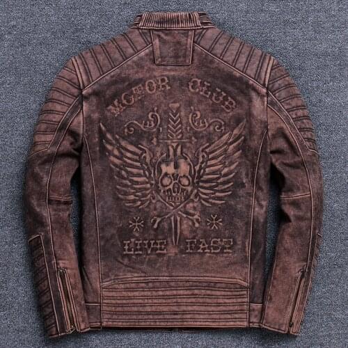 Head Layer Cowhide Mens Genuine Clothing Locomotive Leather Jacket Human Skeleton Stand Lead Short Fund Loose