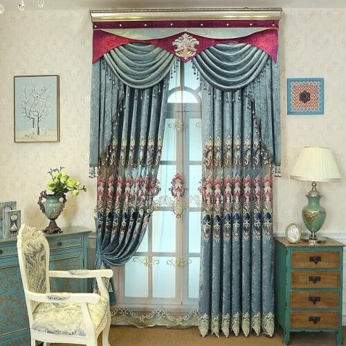 Blue Brown Europe Luxury Villa Valance Curtains For living Room Bedroom Window Embroidered Tulle Curtains Drapes Decoration