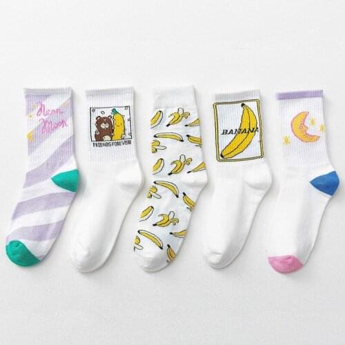 Japanese Cartoon Funny Banana Moon Women Crew Socks Cotton White Korean Street Fashion Hip-hop Cute Harajuku Couple Long Socks