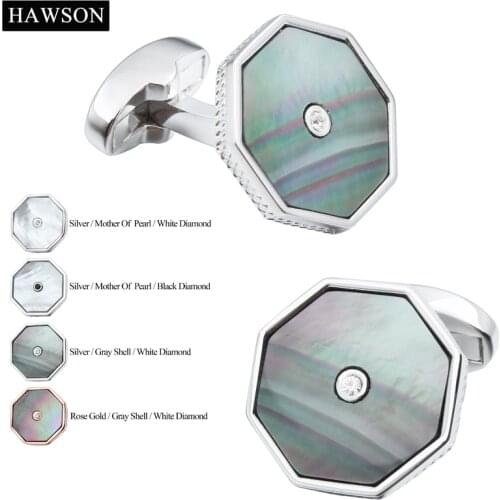 HAWSON Mother of Pearl Crystal Cuff Links High Quality Jewellry Designed For Mens Wedding Business Shirt With Nice Box